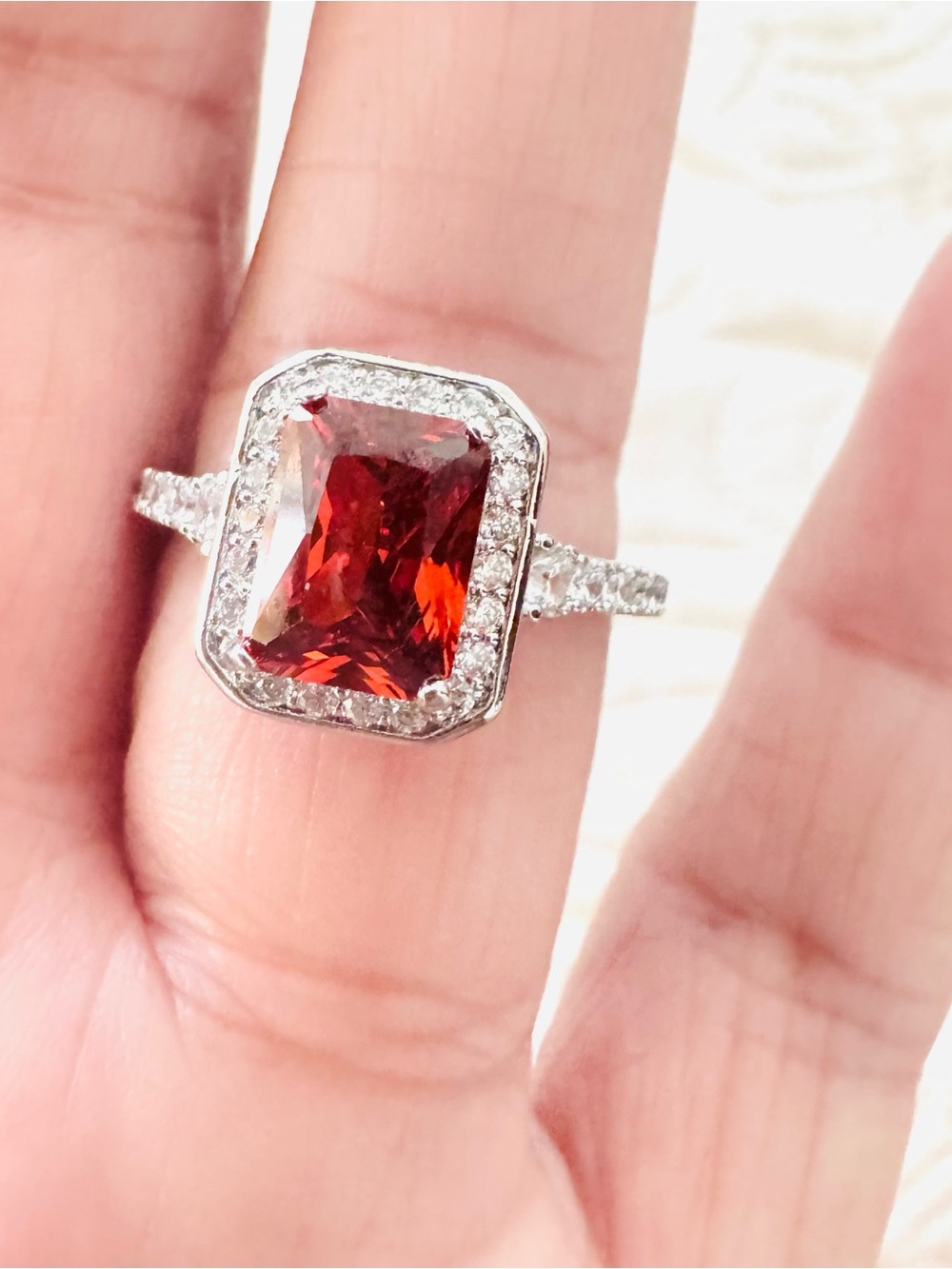 Silver Plated Ring with Deep Red Emerald-Cut Centerstone. Size 6. New